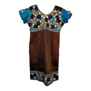 Teal, Gold, Brown Embroidered Floral‎ Kurti with Rhinestones Size 36